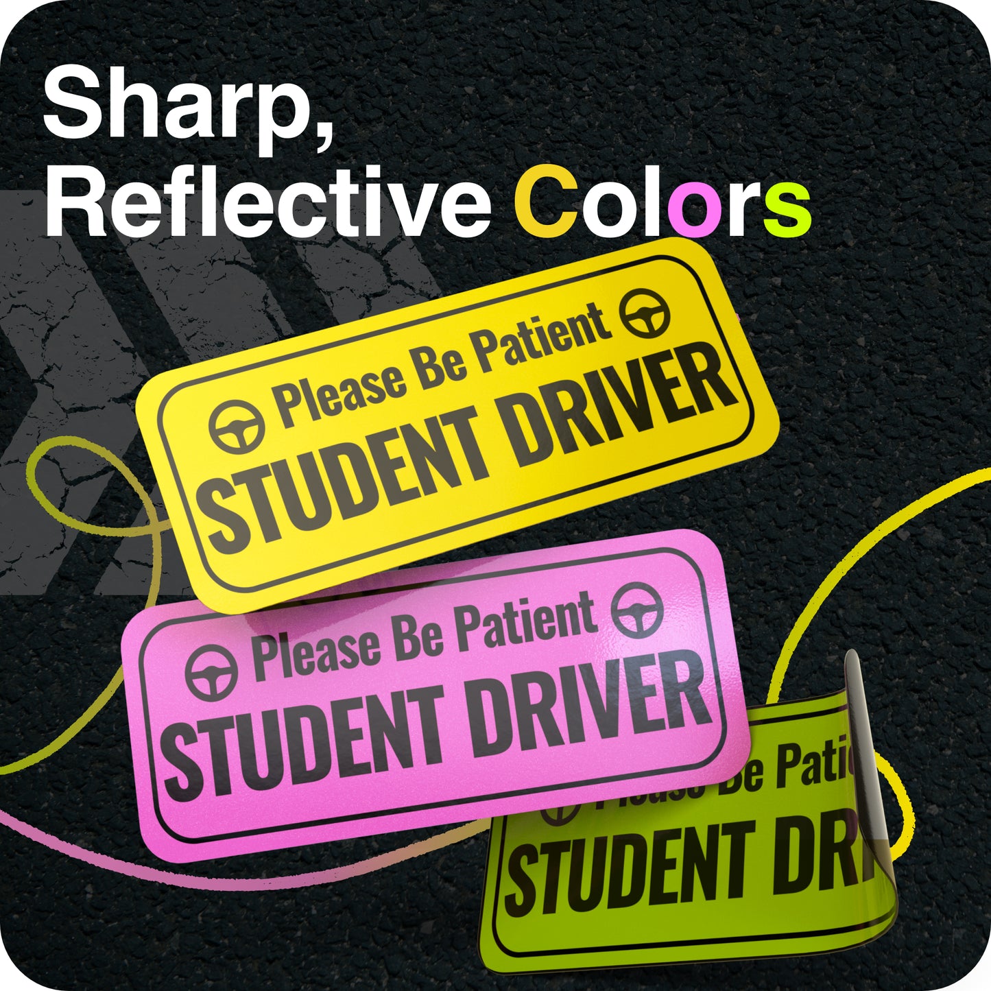 Student Driver Magnet Reflective New Driver Sticker Decal for Car with Strong Adhesive Magnet, Yellow, Pink & Green