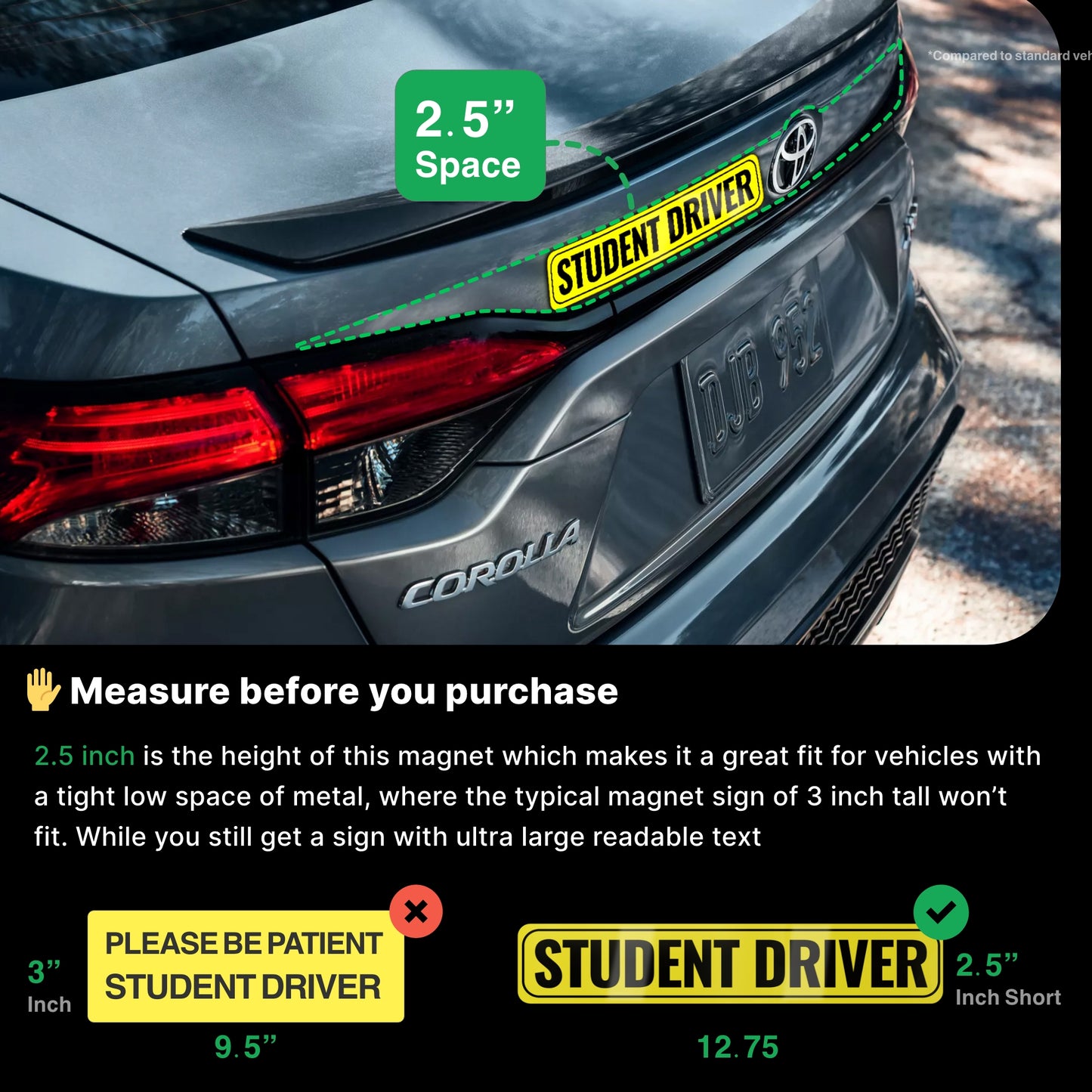 Student Driver Magnet | Removable & Reflective New Driver Sticker Decal for Car | Strong Adhesive Magnet | Bold Visible Letters |2-Pack|Yellow & Black