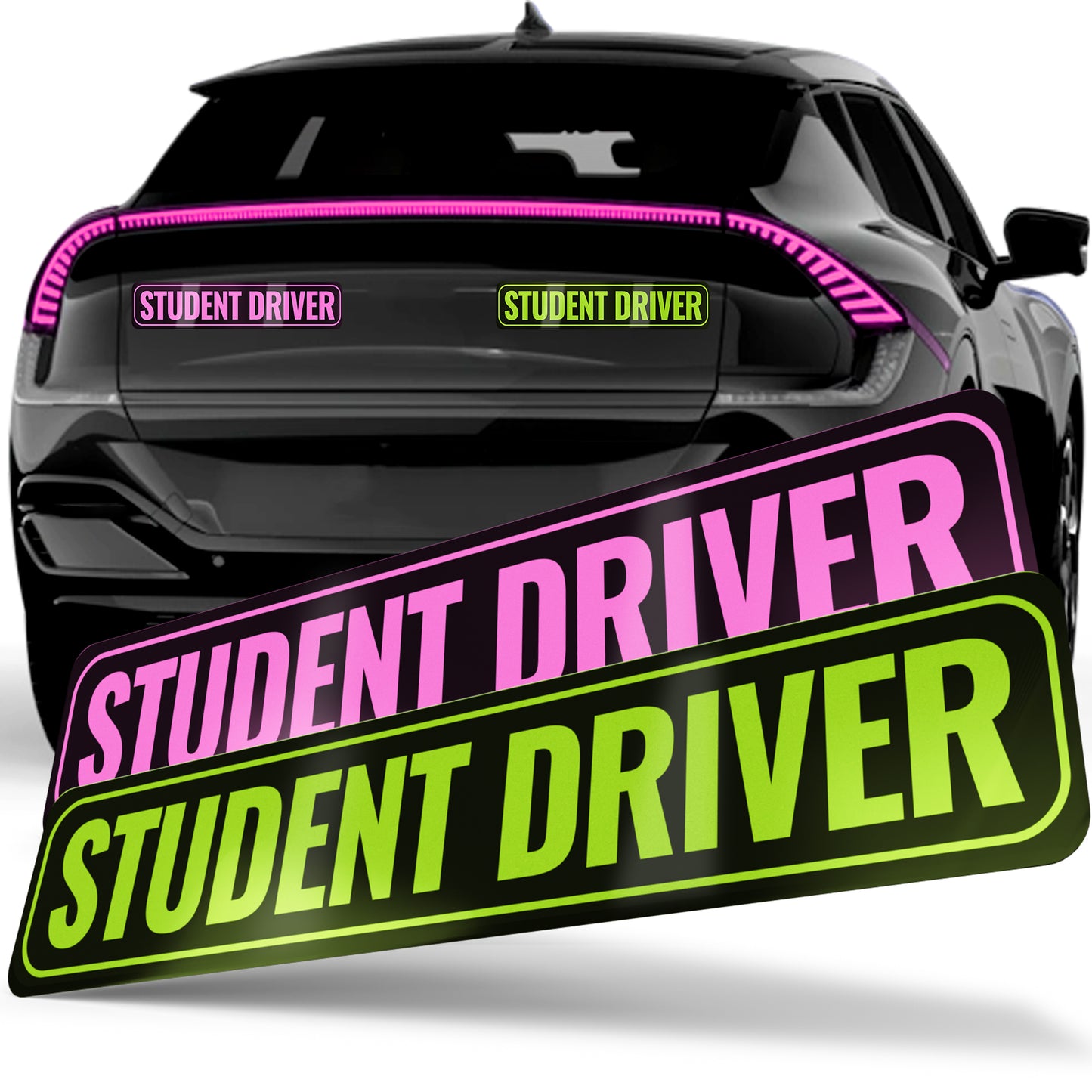 Student Driver Magnet | Removable & Reflective New Driver Sticker Decal for Car | Strong Adhesive Magnet | Bold Visible Letters | 2-Pack | Pink &Green